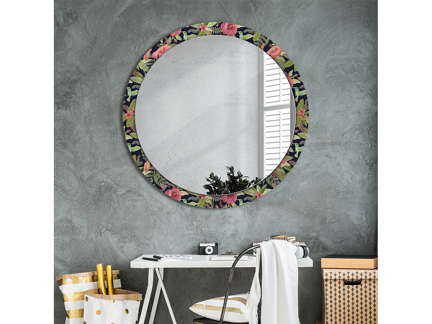 Ronde decoratieve spiegel - hibiscusbloemen - 100 cm