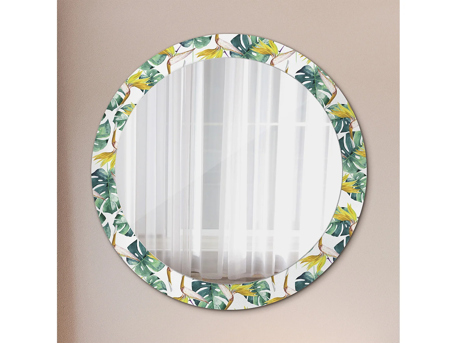 Miroir rond décoratif - Feuilles tropicales - 80 cm