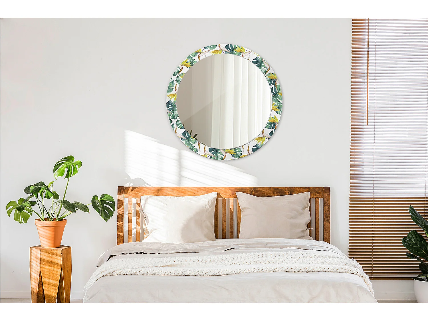 Miroir rond décoratif - Feuilles tropicales - 80 cm