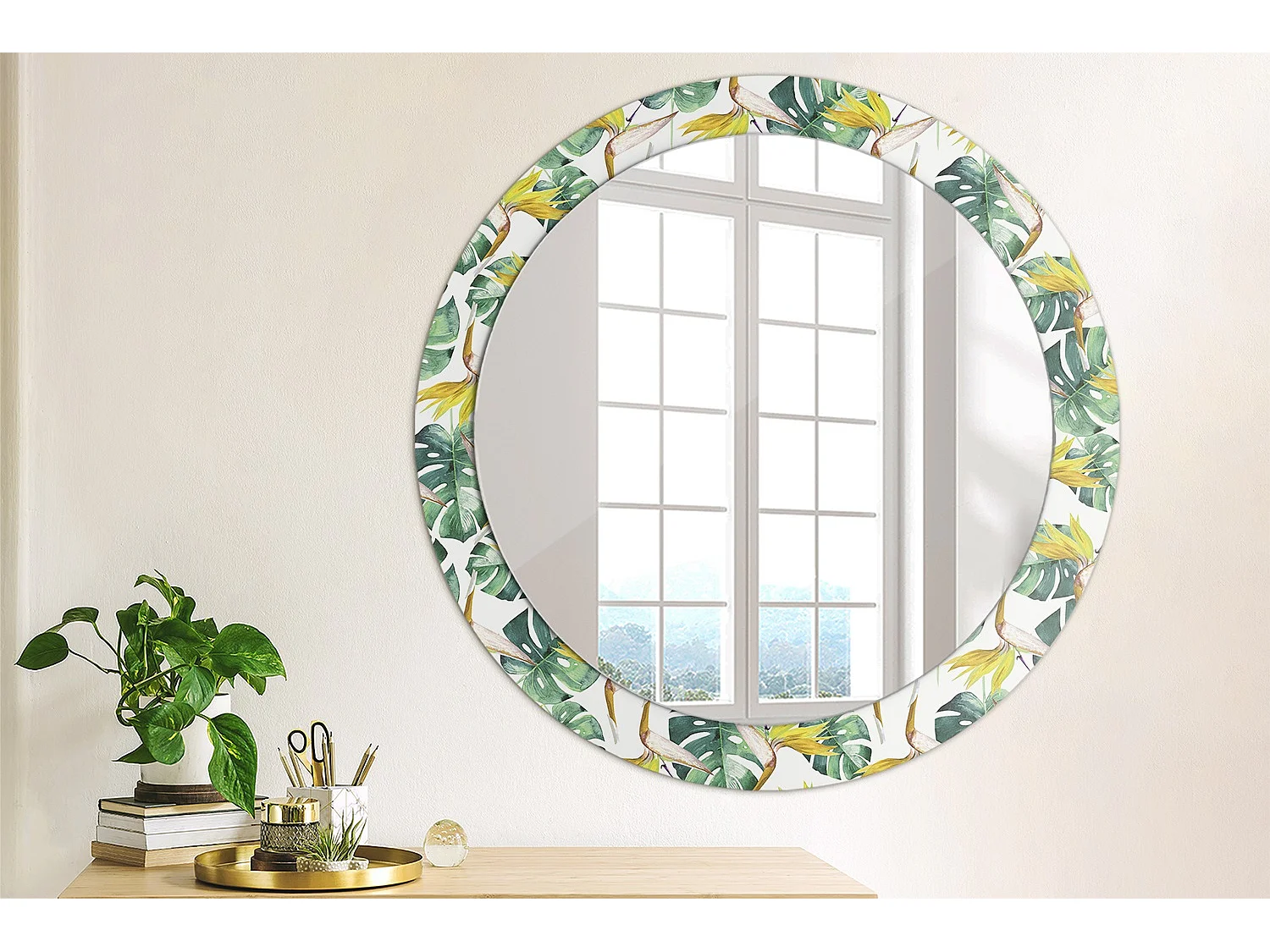 Miroir rond décoratif - Feuilles tropicales - 80 cm