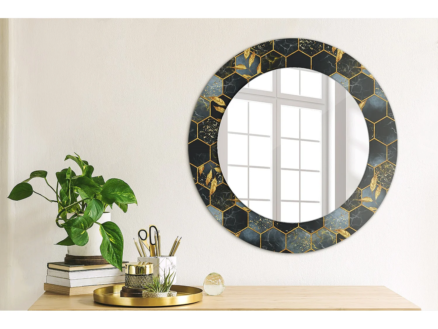 Miroir rond décoratif - Hexagone en marbre - 50 cm