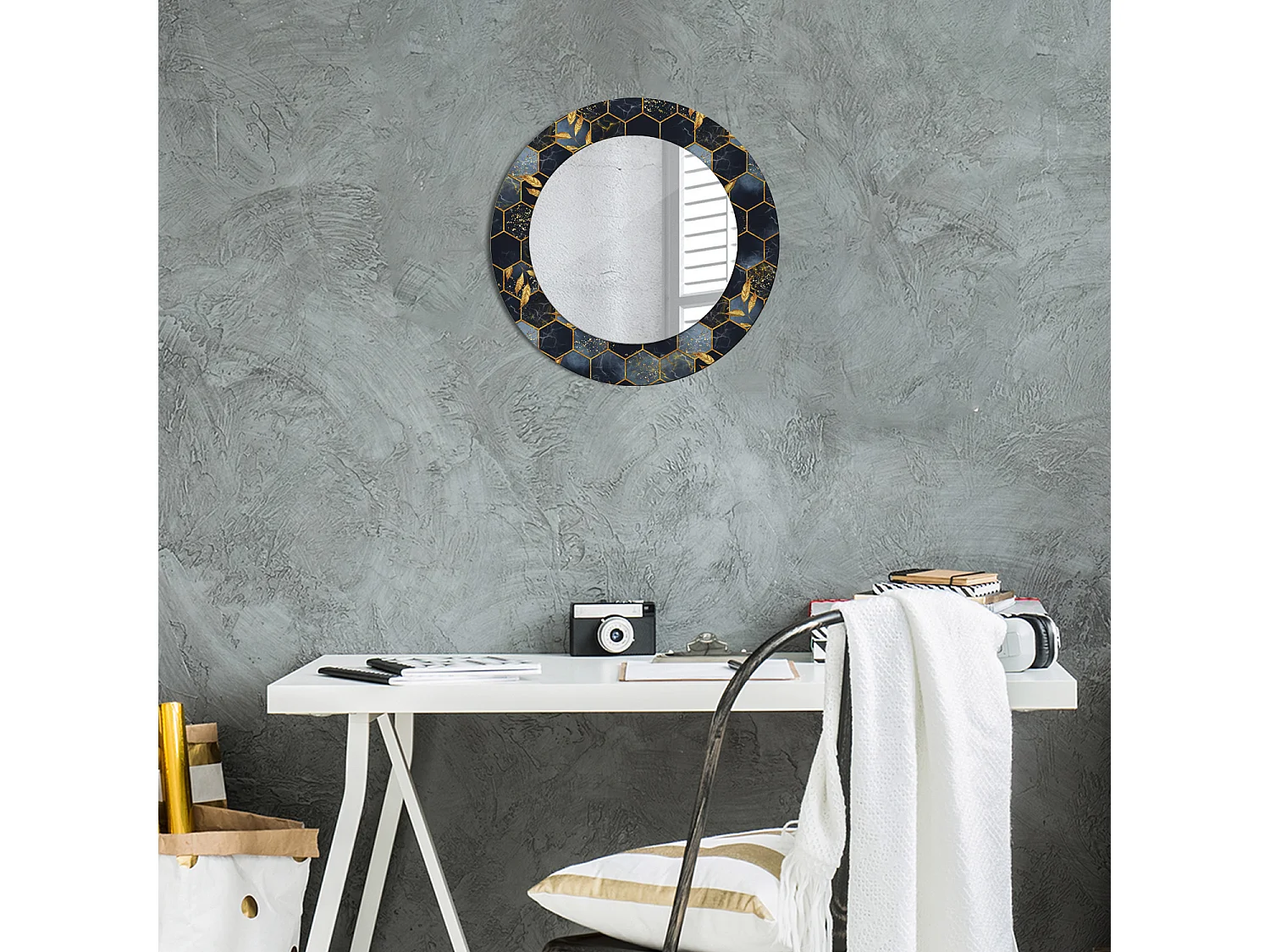 Miroir rond décoratif - Hexagone en marbre - 50 cm