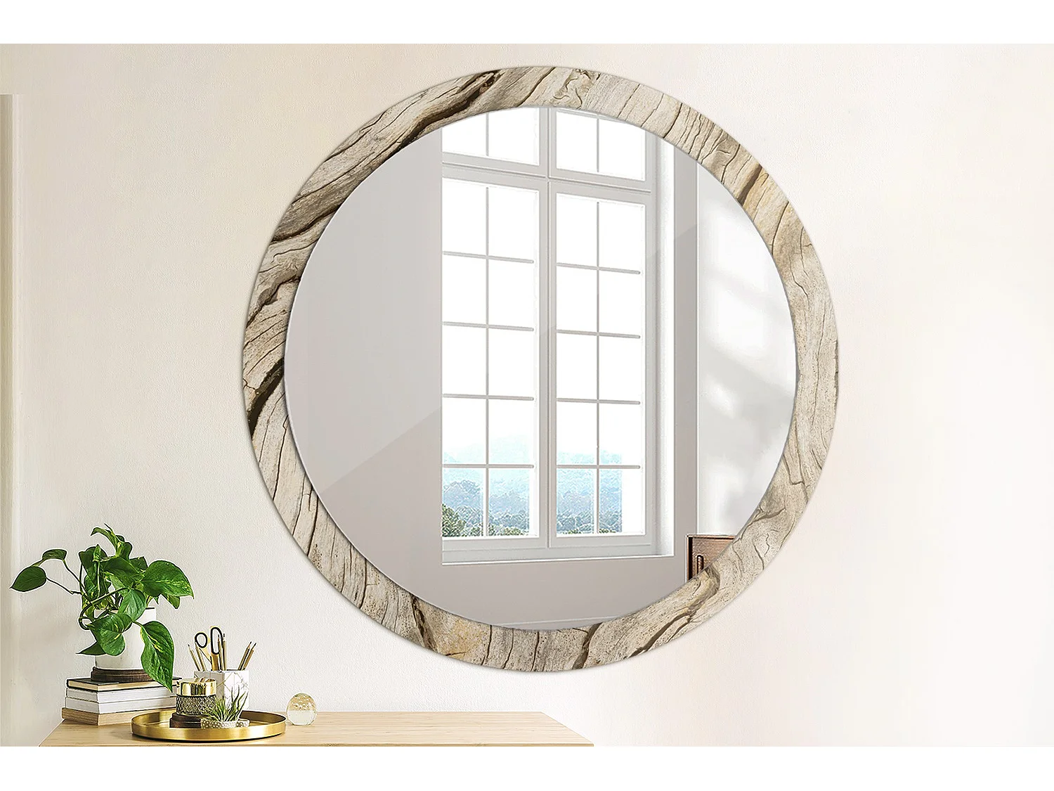 Miroir rond décoratif - Bois craquelé - 100 cm