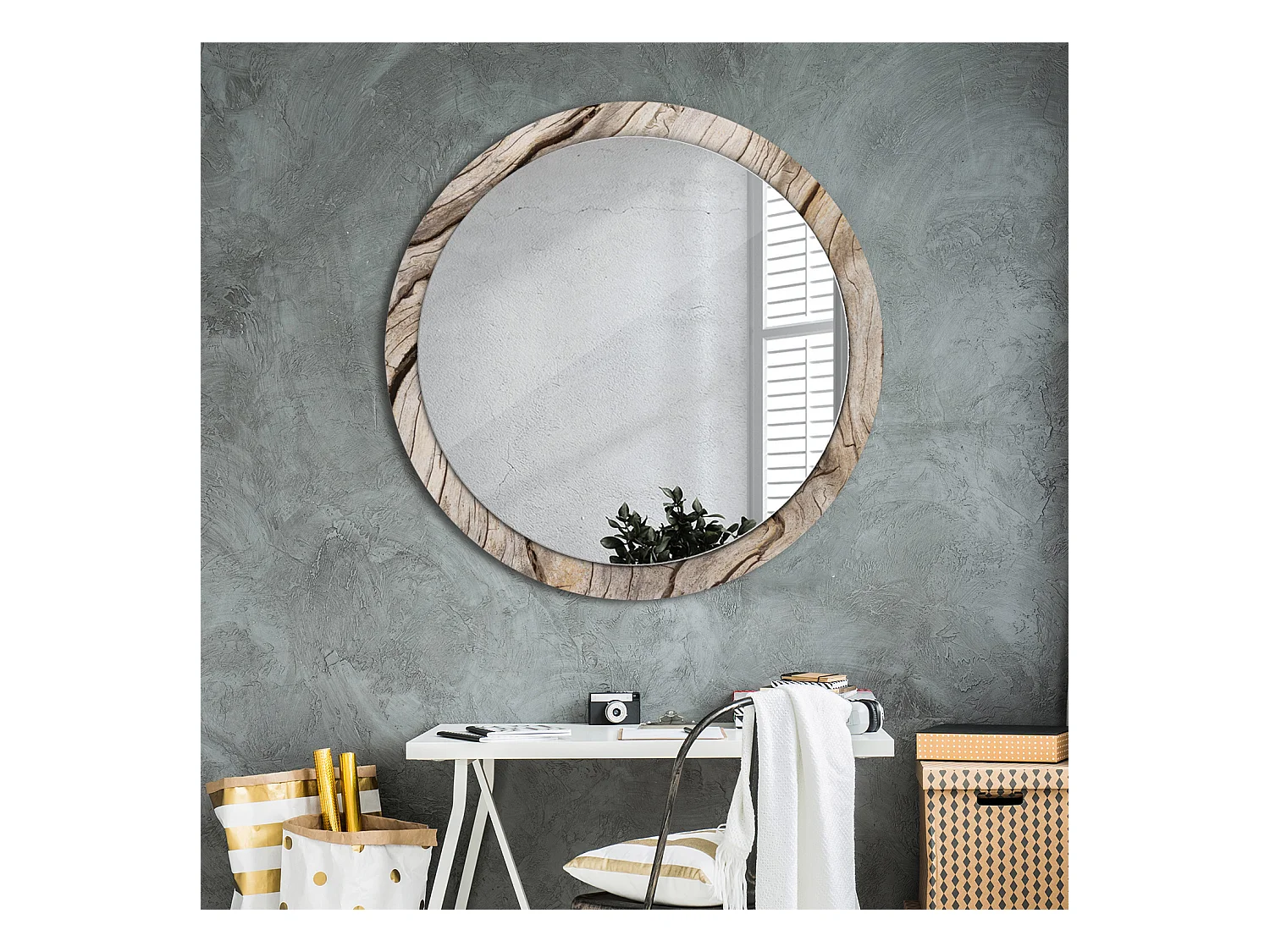 Runder dekorativer Spiegel - Rissiges Holz - 100 cm