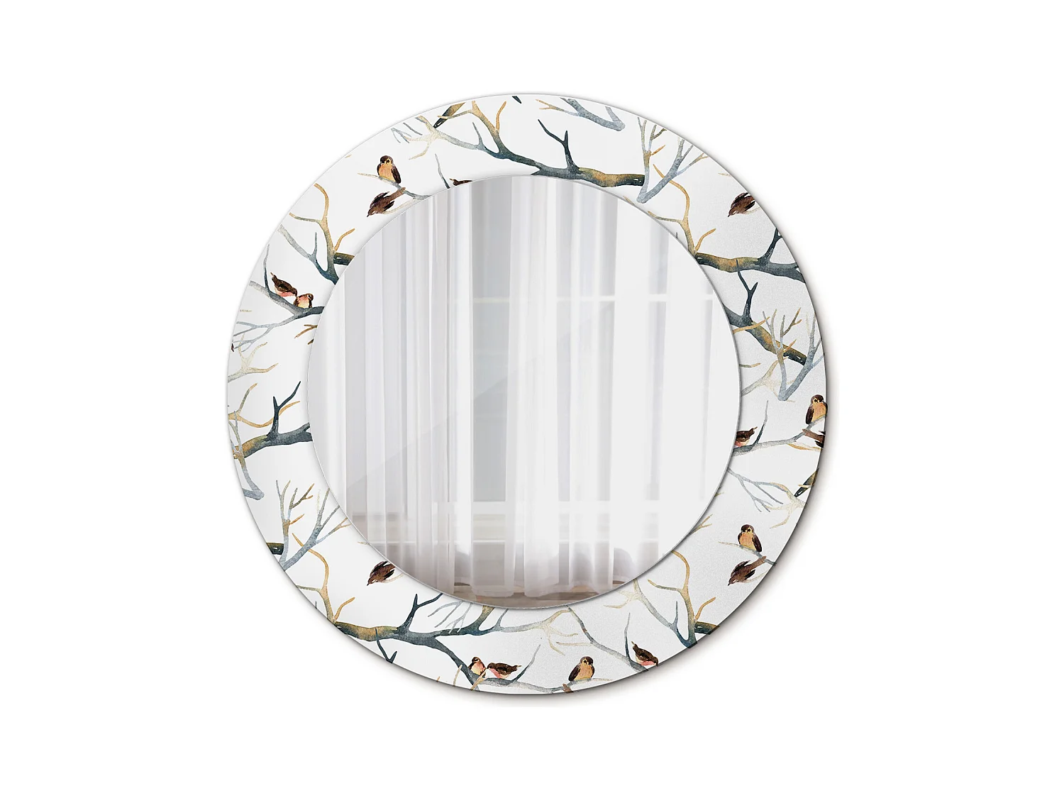 Miroir rond décoratif - branches d'oiseaux moineaux - 50 cm