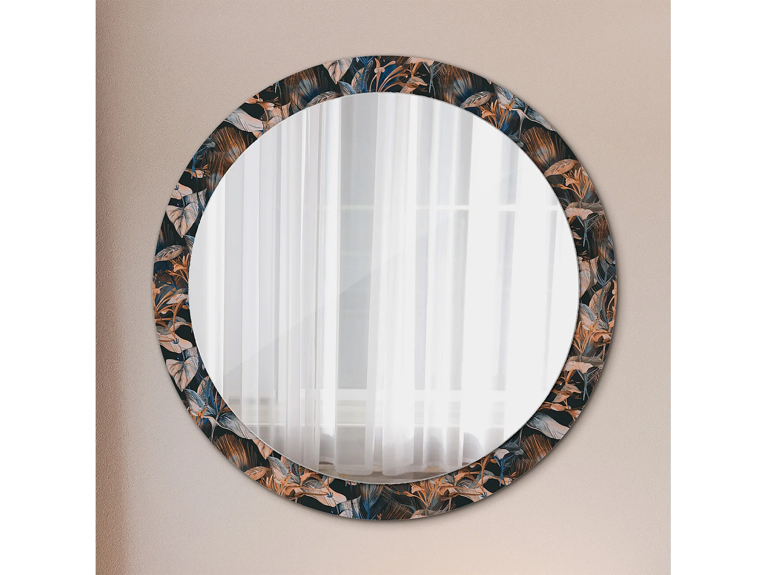 Ronde Decoratieve Spiegel – Donkere Tropische Bladeren – 90cm