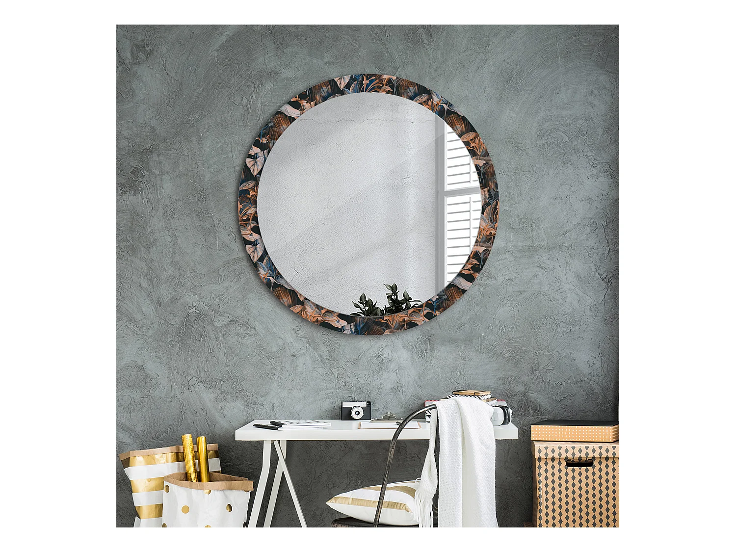 Miroir rond décoratif - Feuilles tropicales foncées - 90 cm