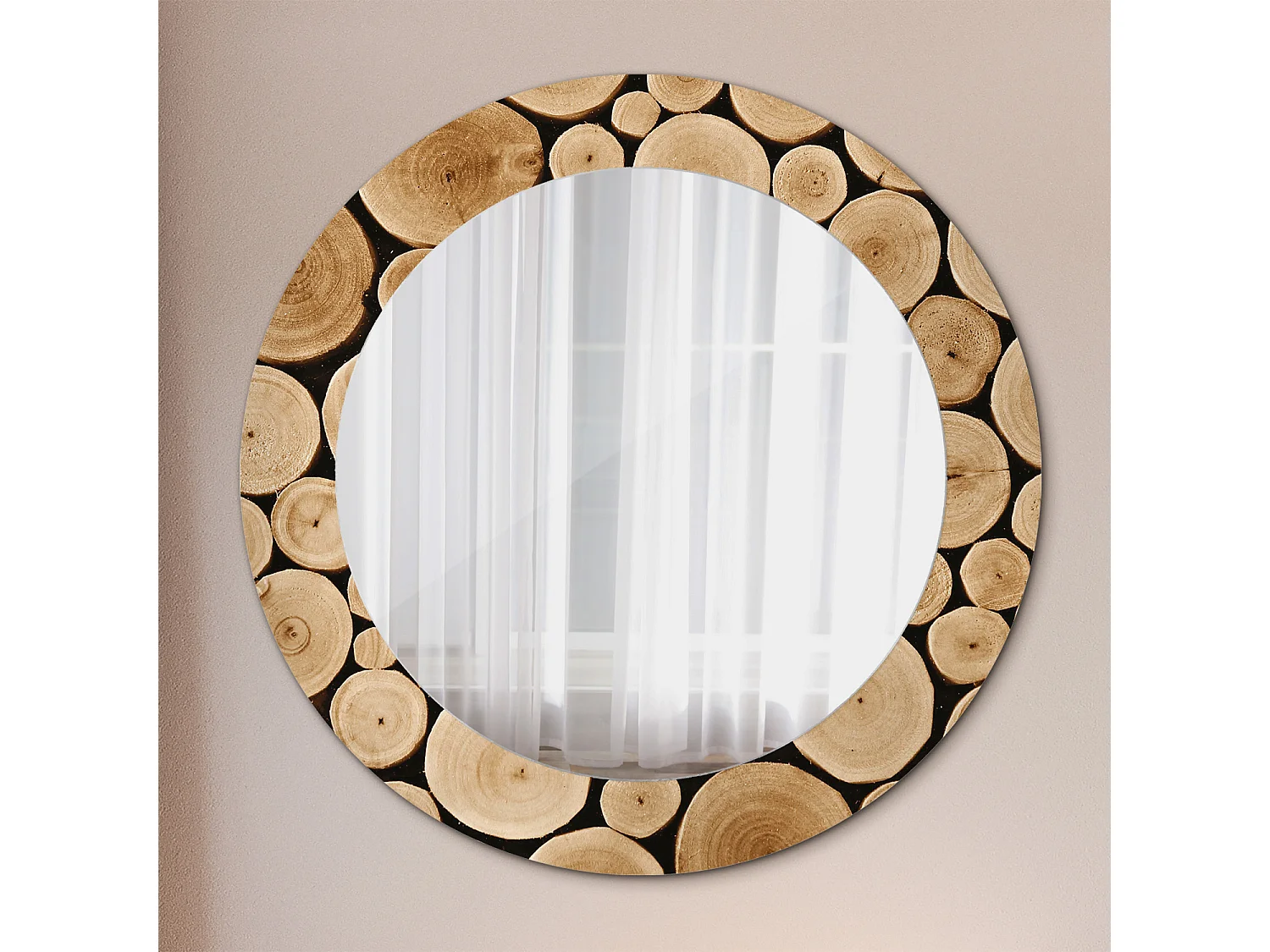 Runder dekorativer Spiegel - Holzscheite - 60 cm