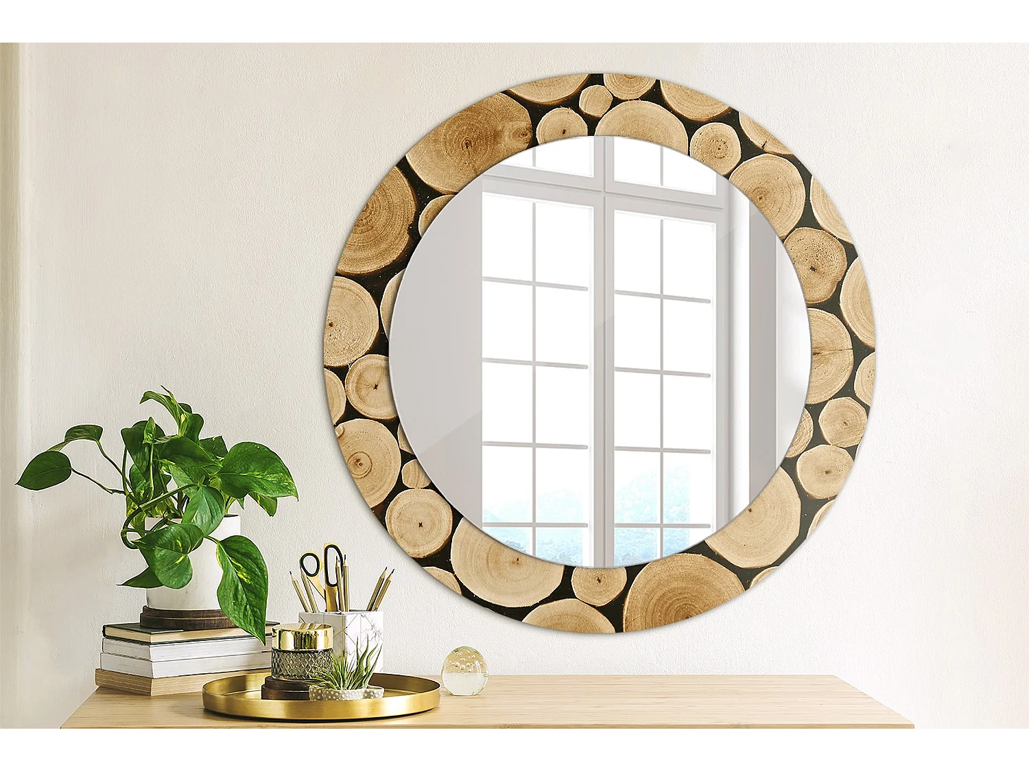 Runder dekorativer Spiegel - Holzscheite - 60 cm