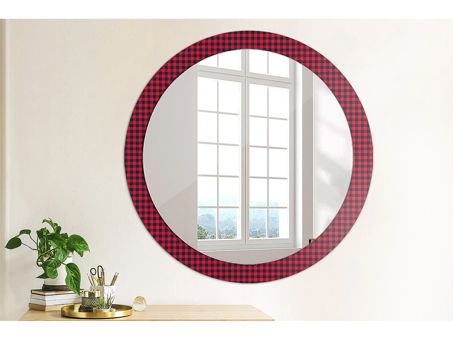 Decoratieve ronde spiegel - Rood raster - 90 cm