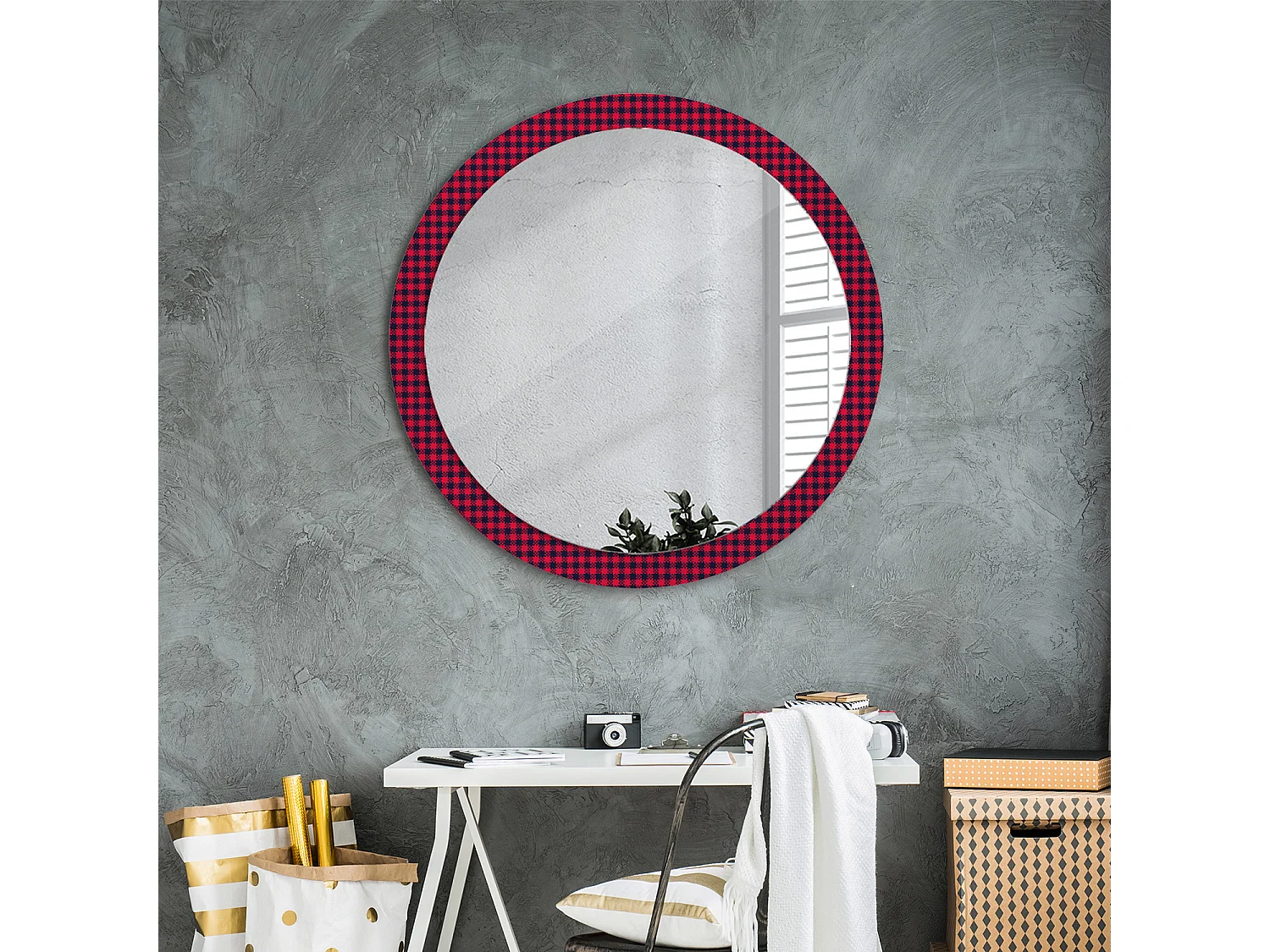 Decoratieve ronde spiegel - Rood raster - 90 cm