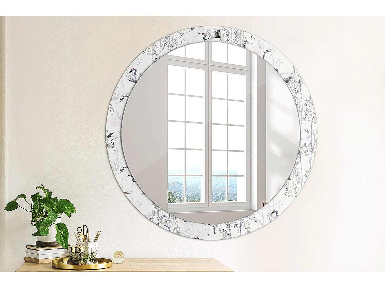Ronde decoratieve spiegel - Kraanvogels - 90 cm