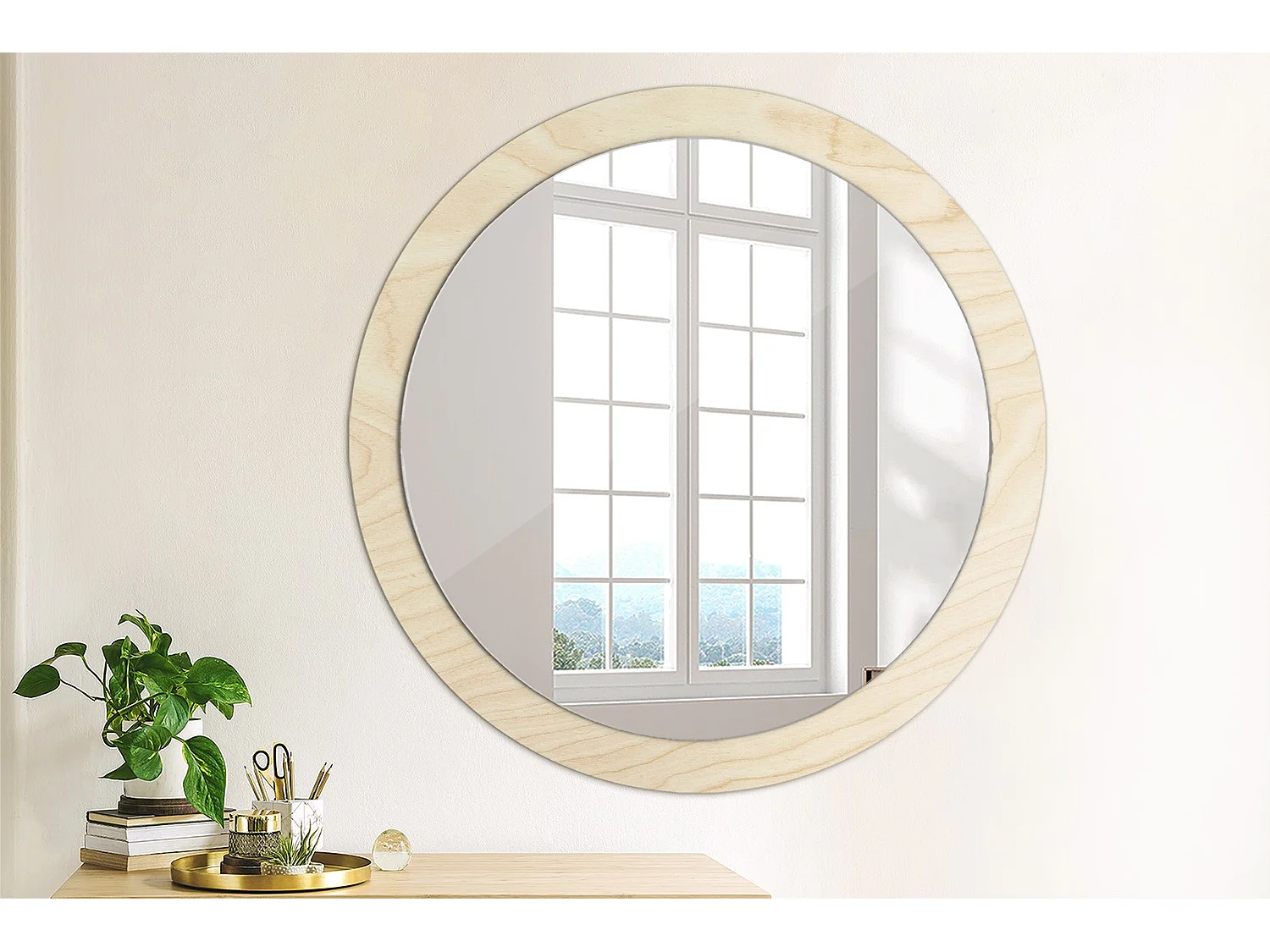 Miroir rond décoratif - Bois clair - 90 cm