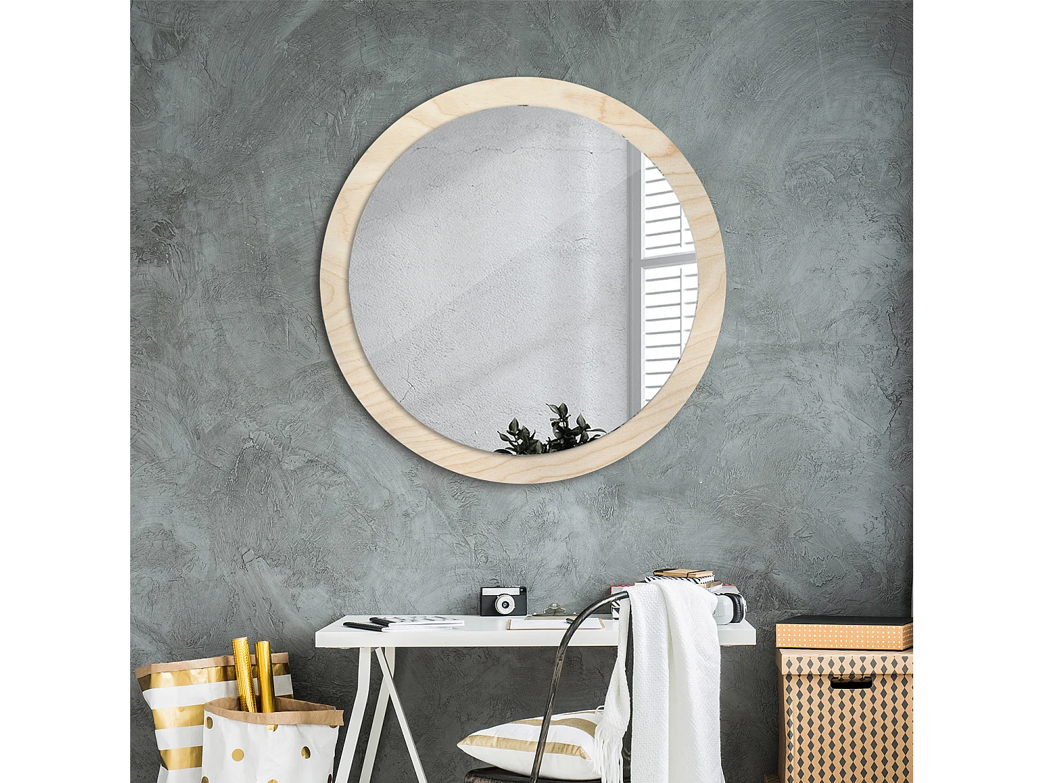 Miroir rond décoratif - Bois clair - 90 cm