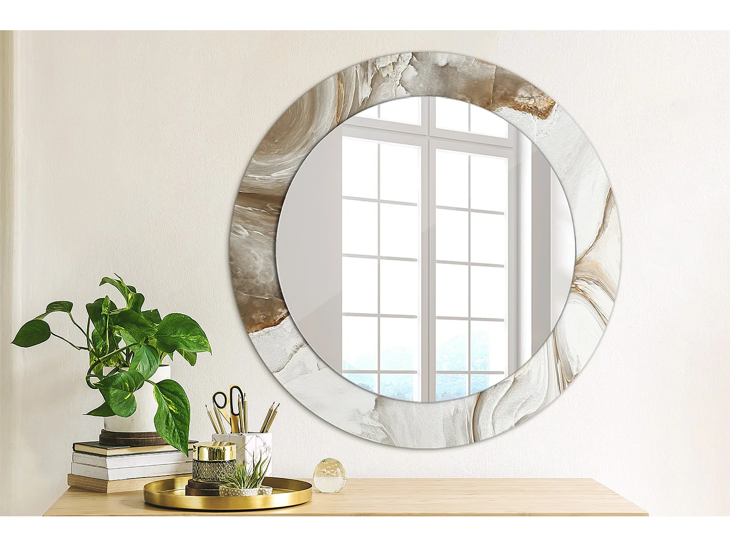 Runder dekorativer Spiegel - Heller Marmor - 60 cm