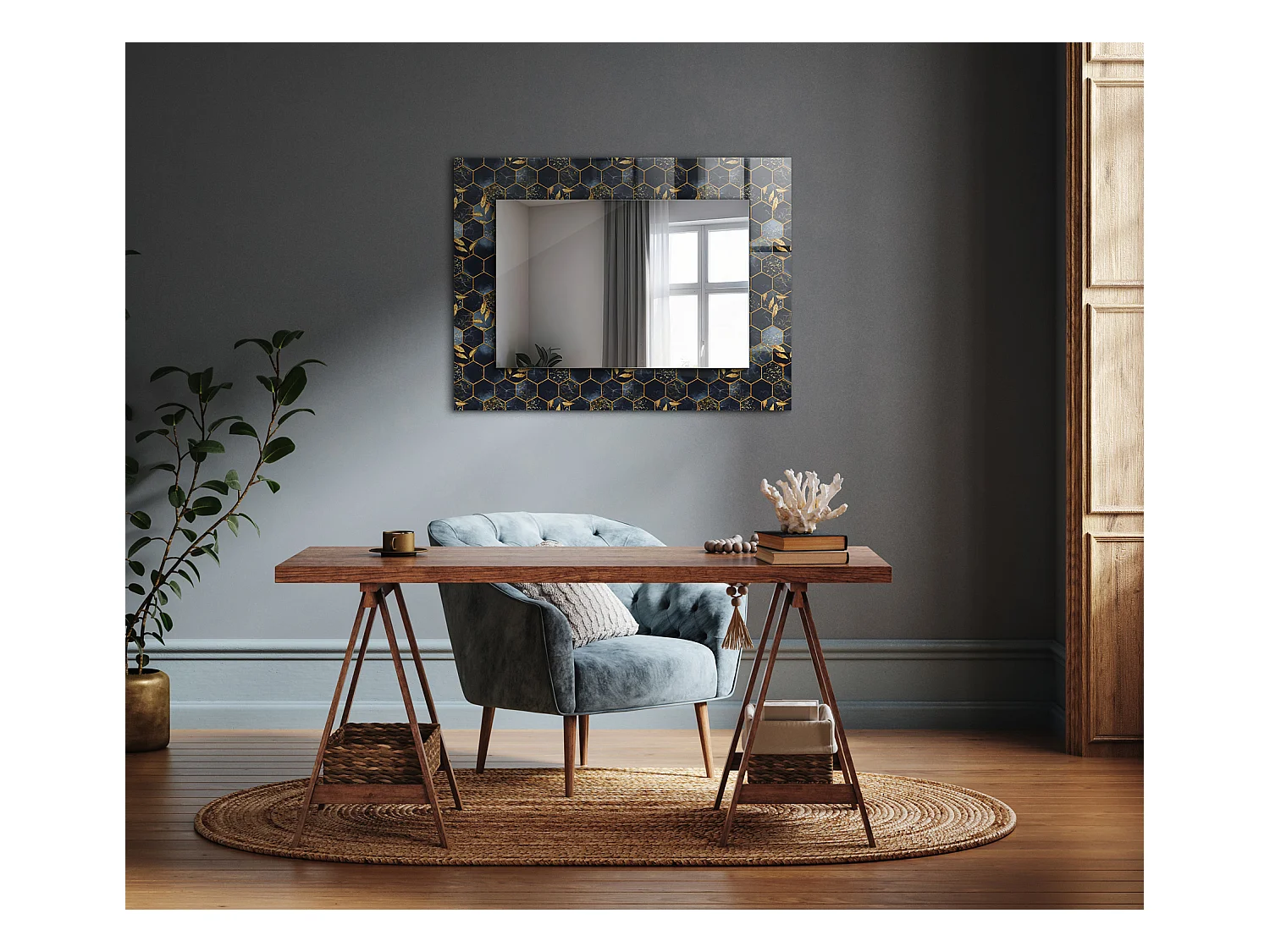 Dekorativer Spiegel mit Rahmen aus sechseckigen Blättern 80 x 60 cm