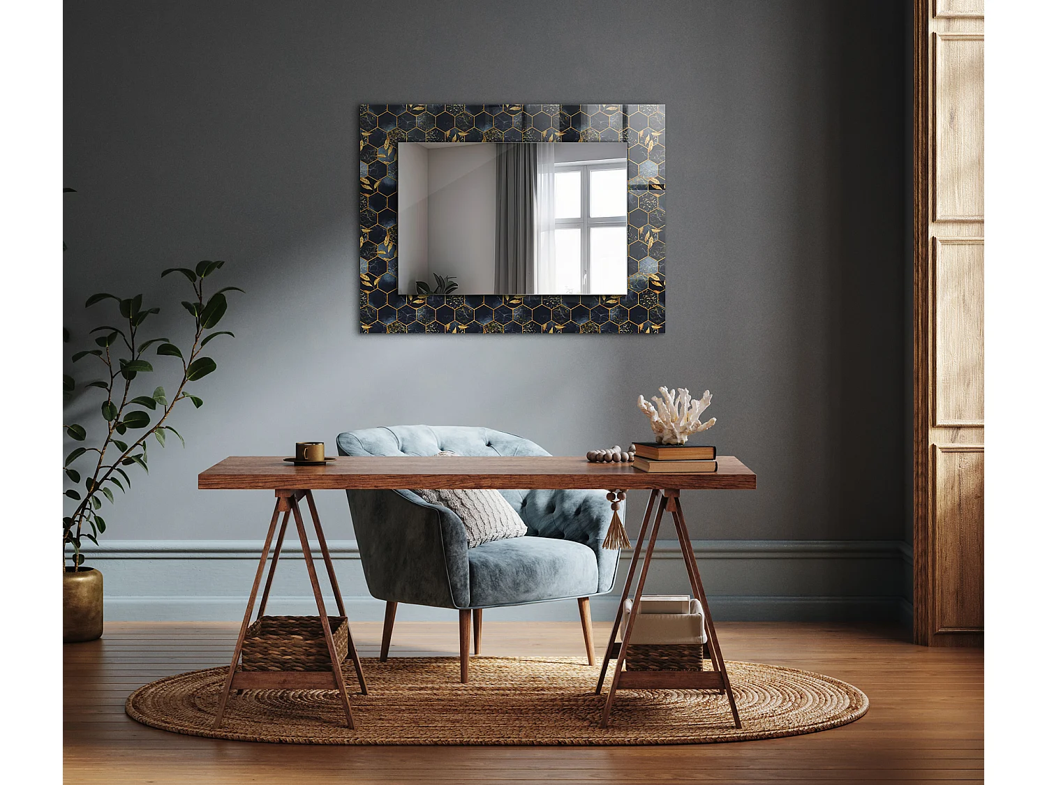 Miroir décoratif avec cadre Hexagones feuilles 80 x 60 cm