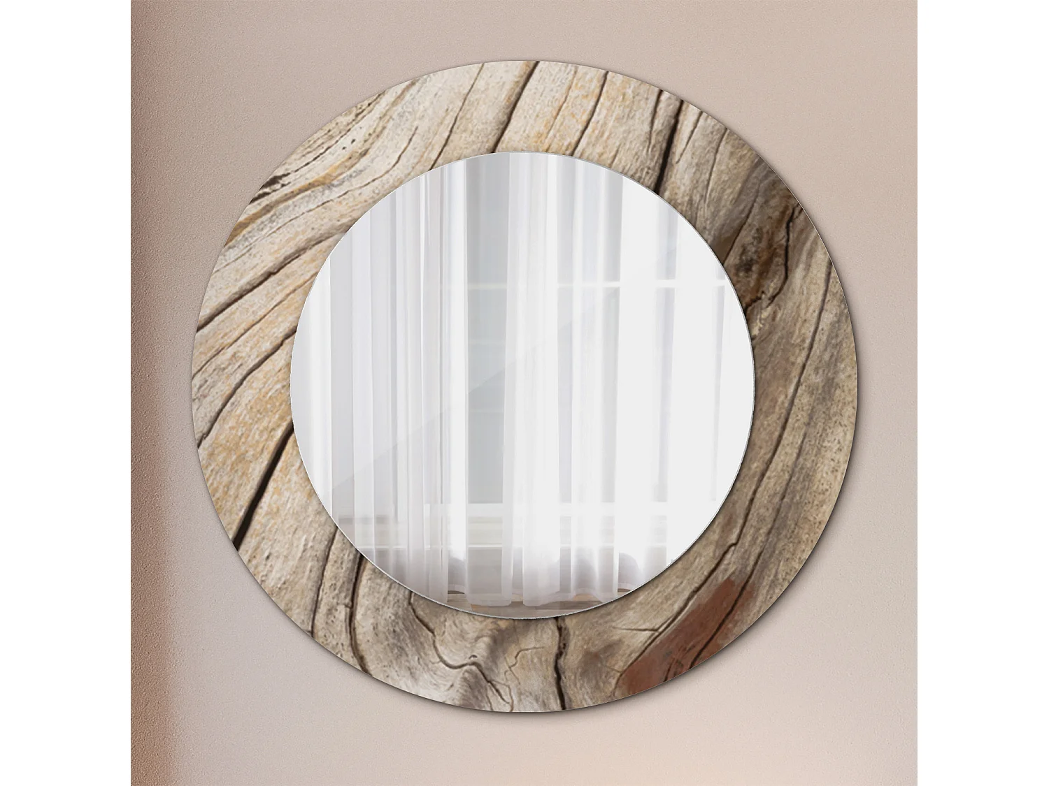 Runder dekorativer Spiegel - Rissiges Holz - 50 cm