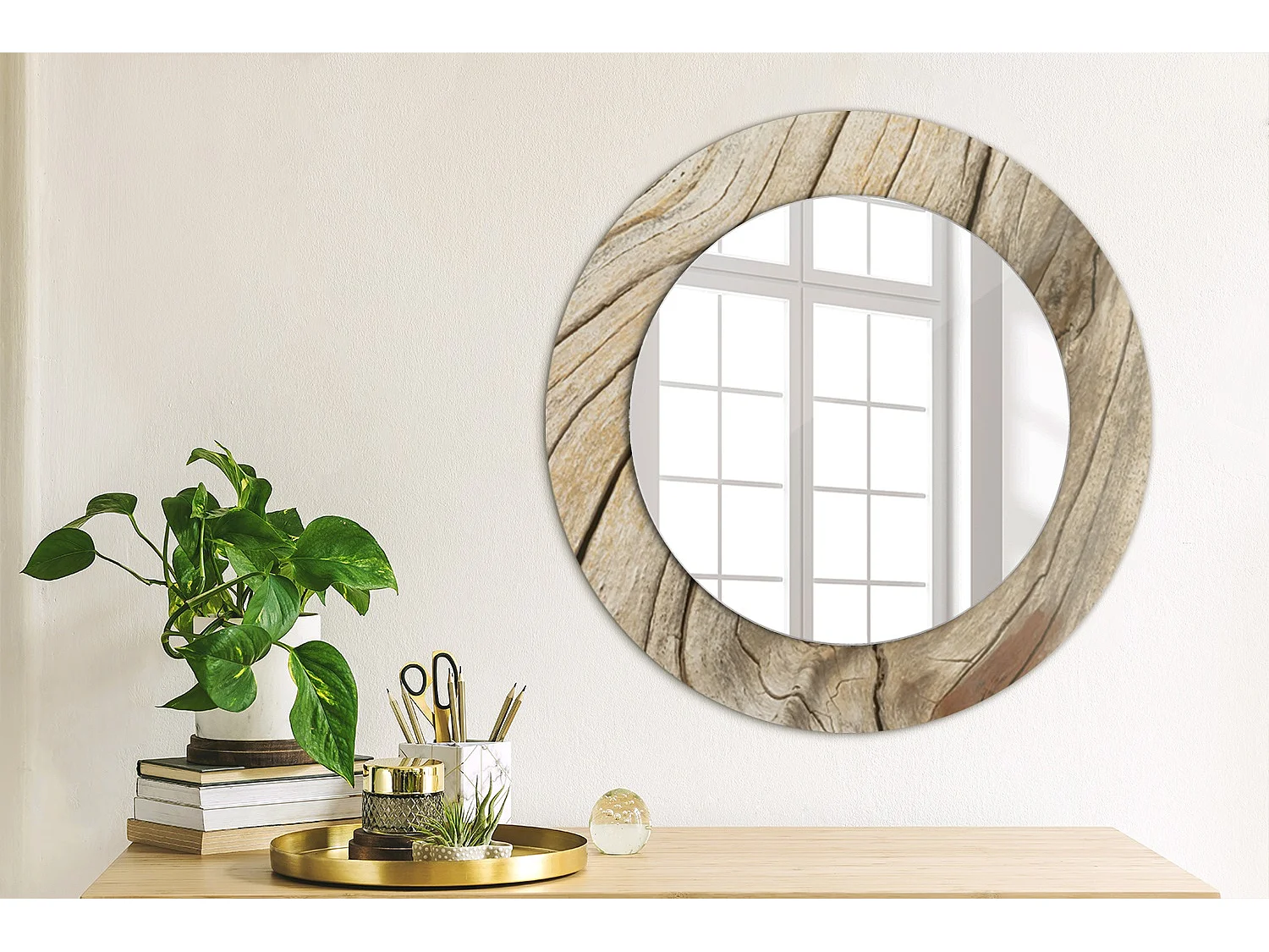 Runder dekorativer Spiegel - Rissiges Holz - 50 cm