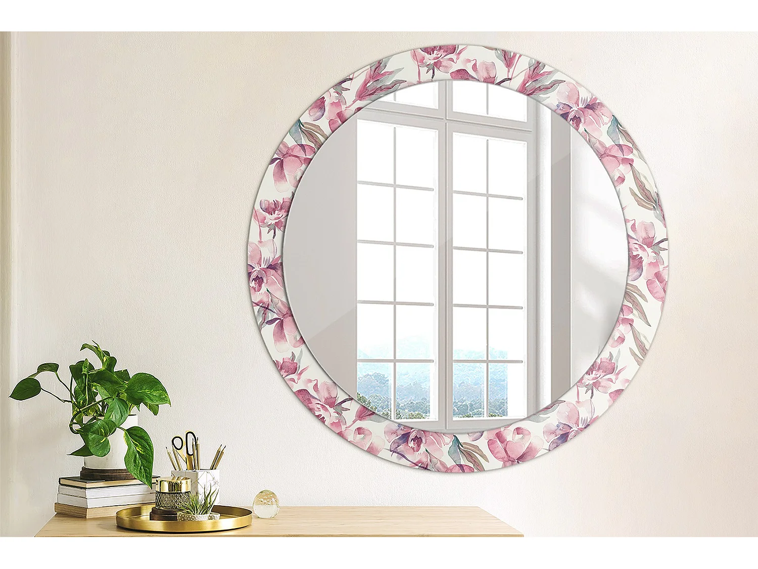 Miroir rond décoratif - Fleurs de pivoines - 80 cm
