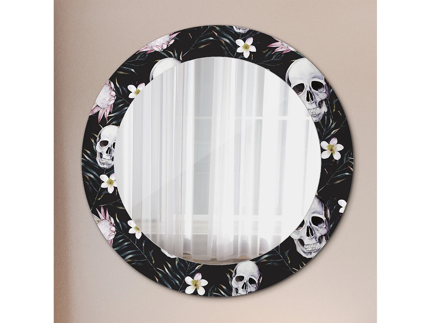 Miroir rond décoratif - Fleurs tête de mort - 70 cm