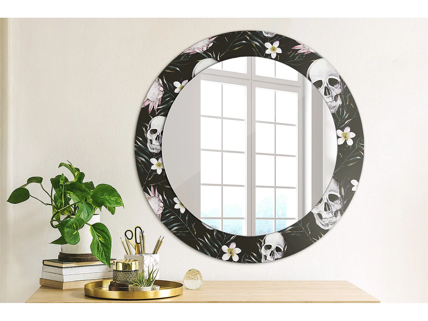 Miroir rond décoratif - Fleurs tête de mort - 70 cm