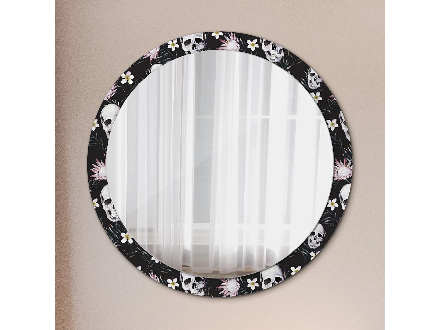Ronde decoratieve spiegel - schedel bloemen - 100 cm
