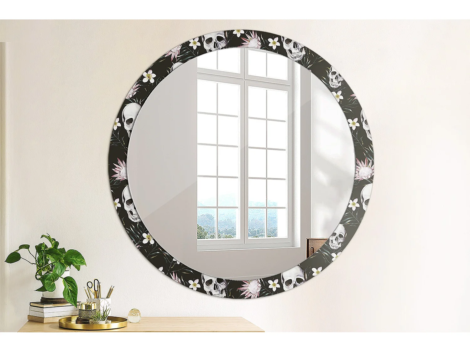 Ronde decoratieve spiegel - schedel bloemen - 100 cm