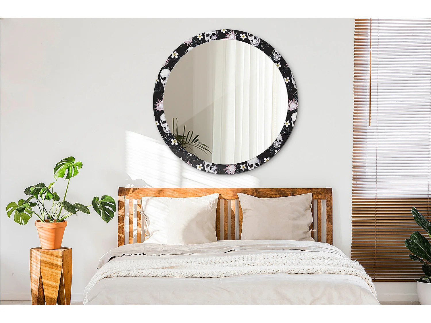 Ronde decoratieve spiegel - schedel bloemen - 100 cm