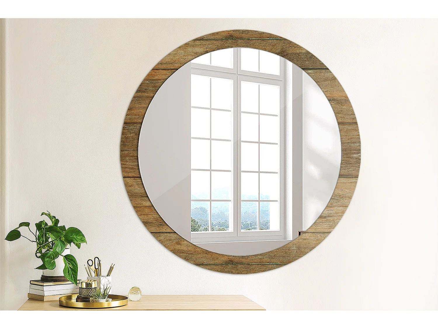 Ronde decoratieve spiegel - Oud hout - 90 cm