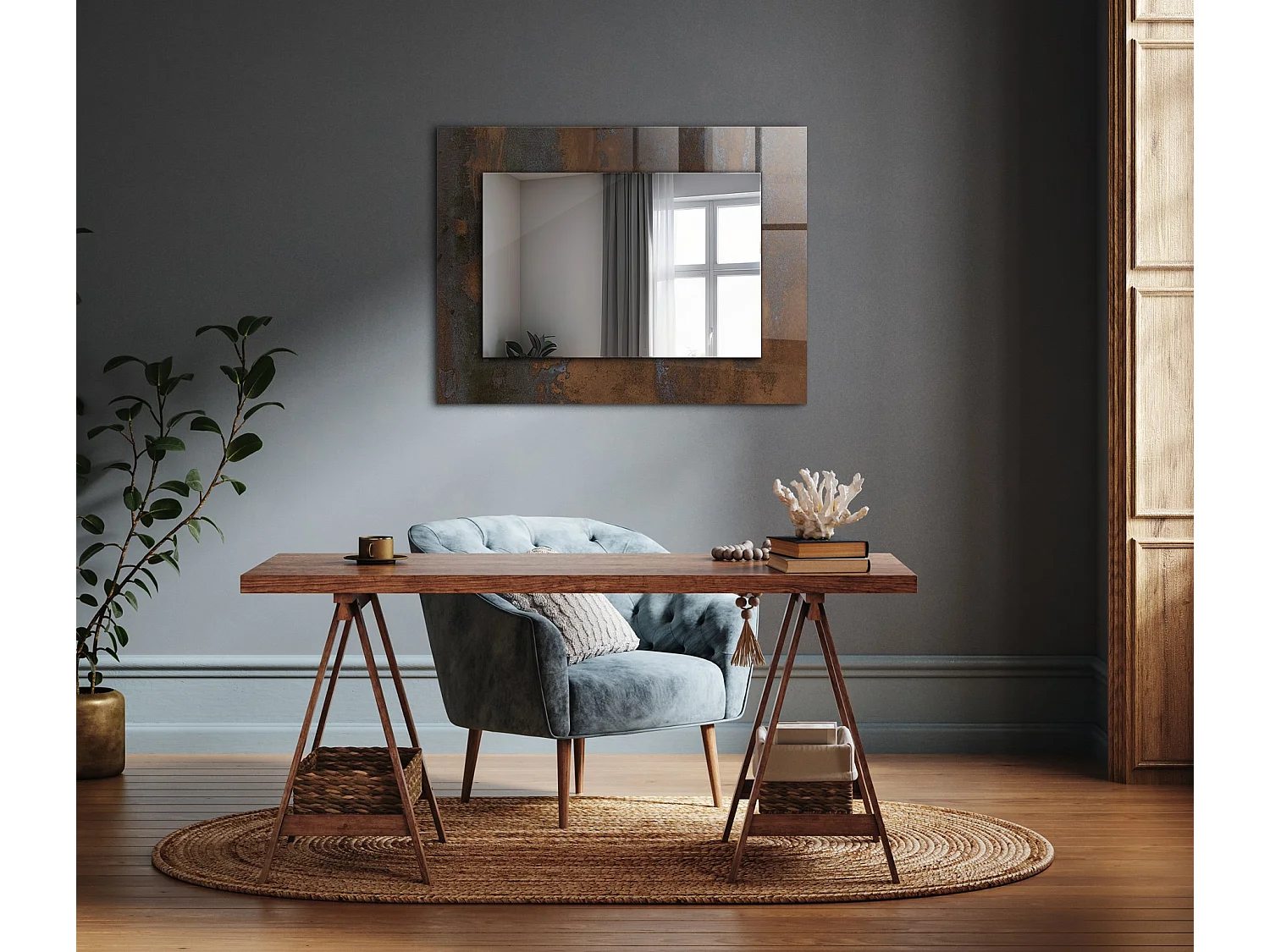 Miroir décoratif avec cadre, métal rouille tendance, 80 x 60 cm