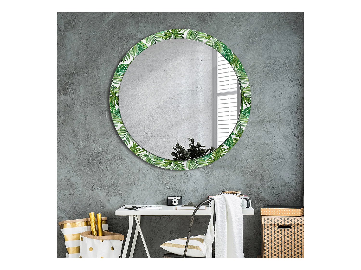Miroir rond décoratif - Feuilles de jungle - 100 cm