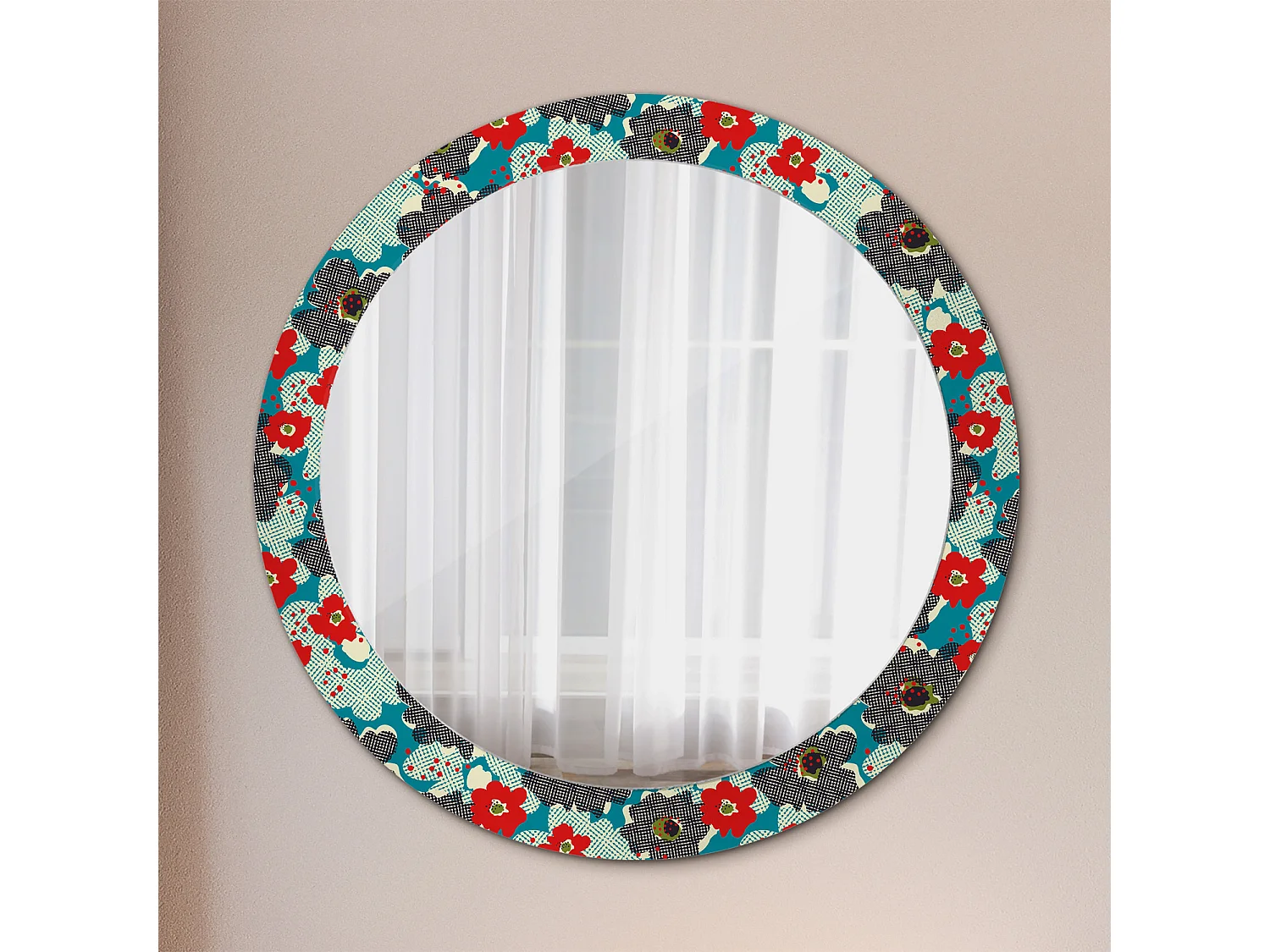 Dekorativer runder Spiegel - Retro-Blumendruck - 80 cm