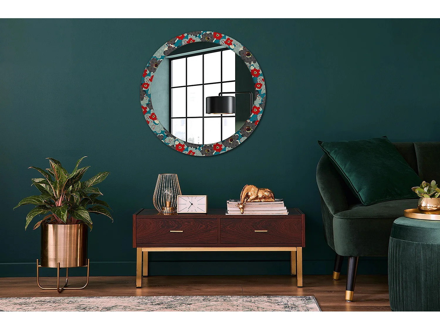 Dekorativer runder Spiegel - Retro-Blumendruck - 80 cm