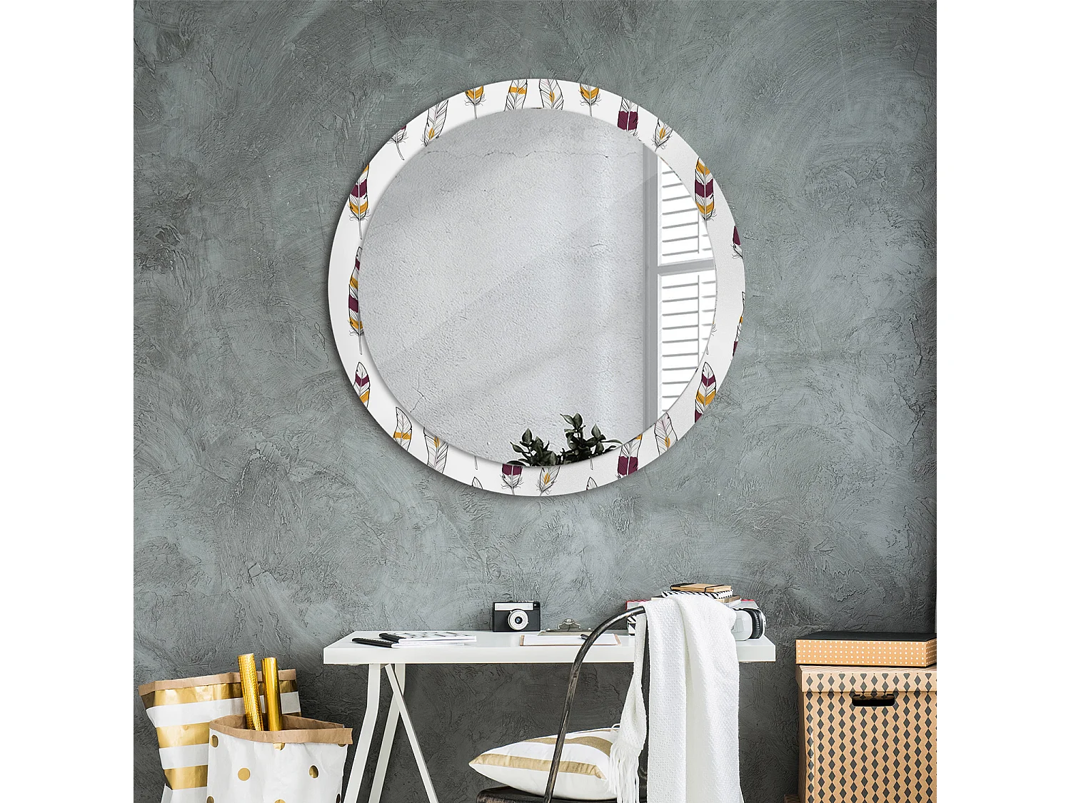 Miroir rond décoratif - Plumes - 90 cm