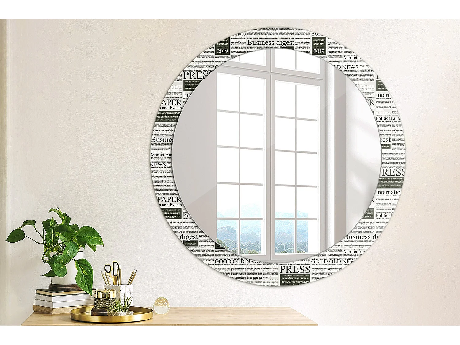Miroir rond décoratif - Journaux - 80 cm
