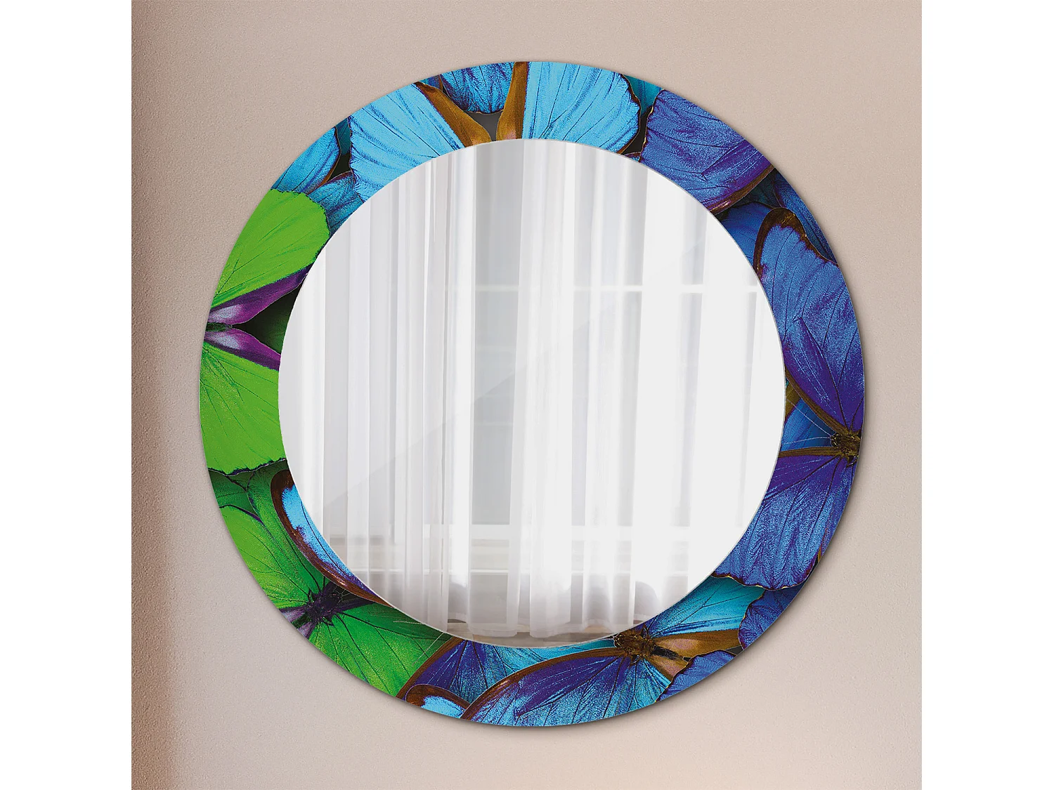 Miroir rond décoratif - Papillon bleu et vert - 70 cm