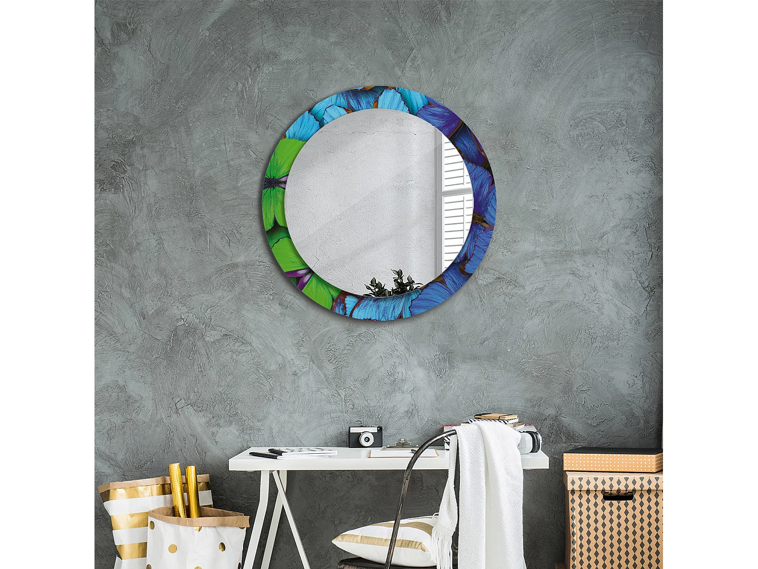 Miroir rond décoratif - Papillon bleu et vert - 70 cm
