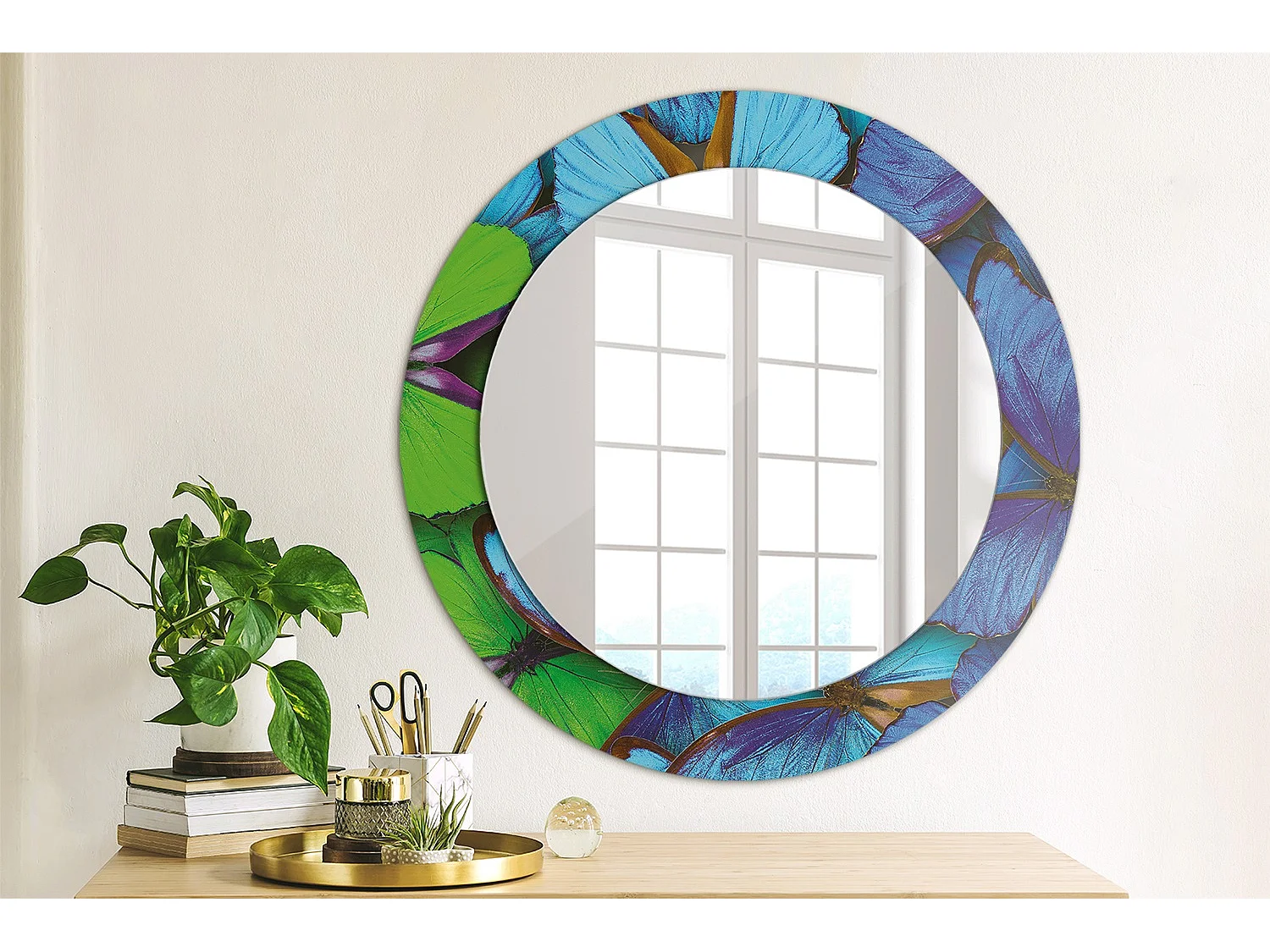 Miroir rond décoratif - Papillon bleu et vert - 70 cm