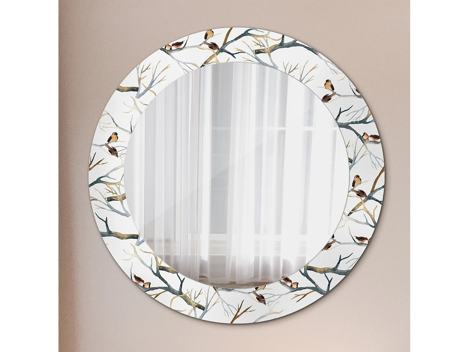 Miroir rond décoratif - branches d'oiseaux moineaux - 60 cm