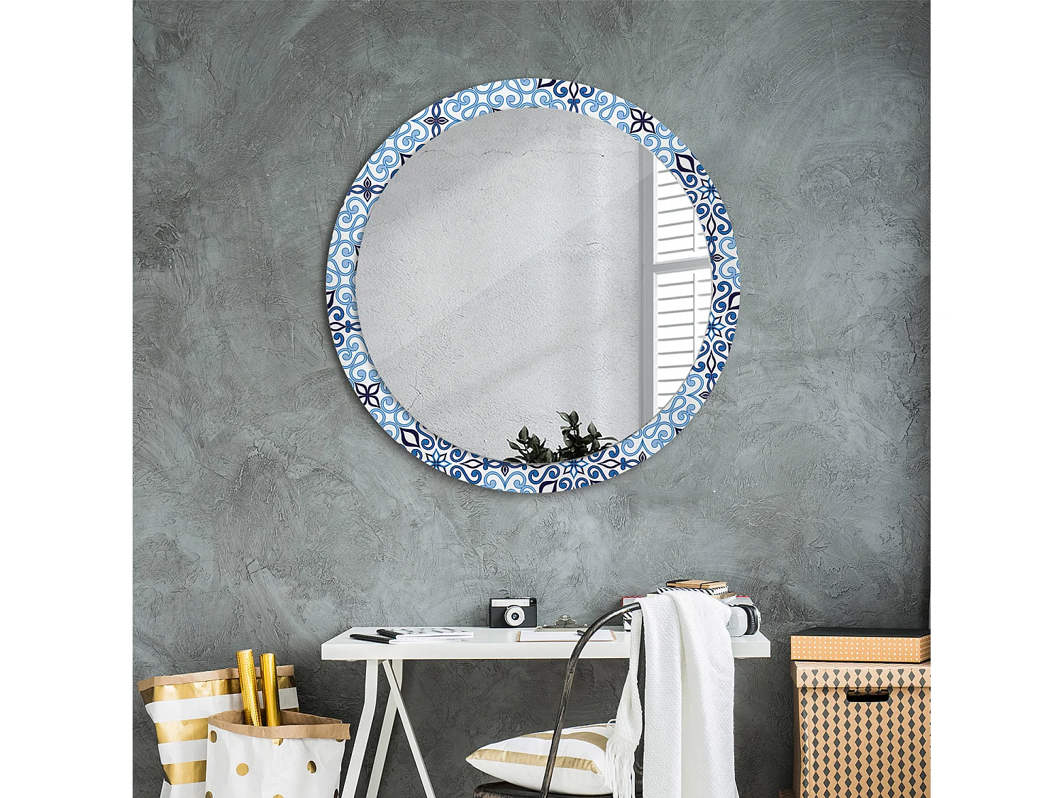 Espejo decorativo redondo - Motivo árabe azul - 90cm