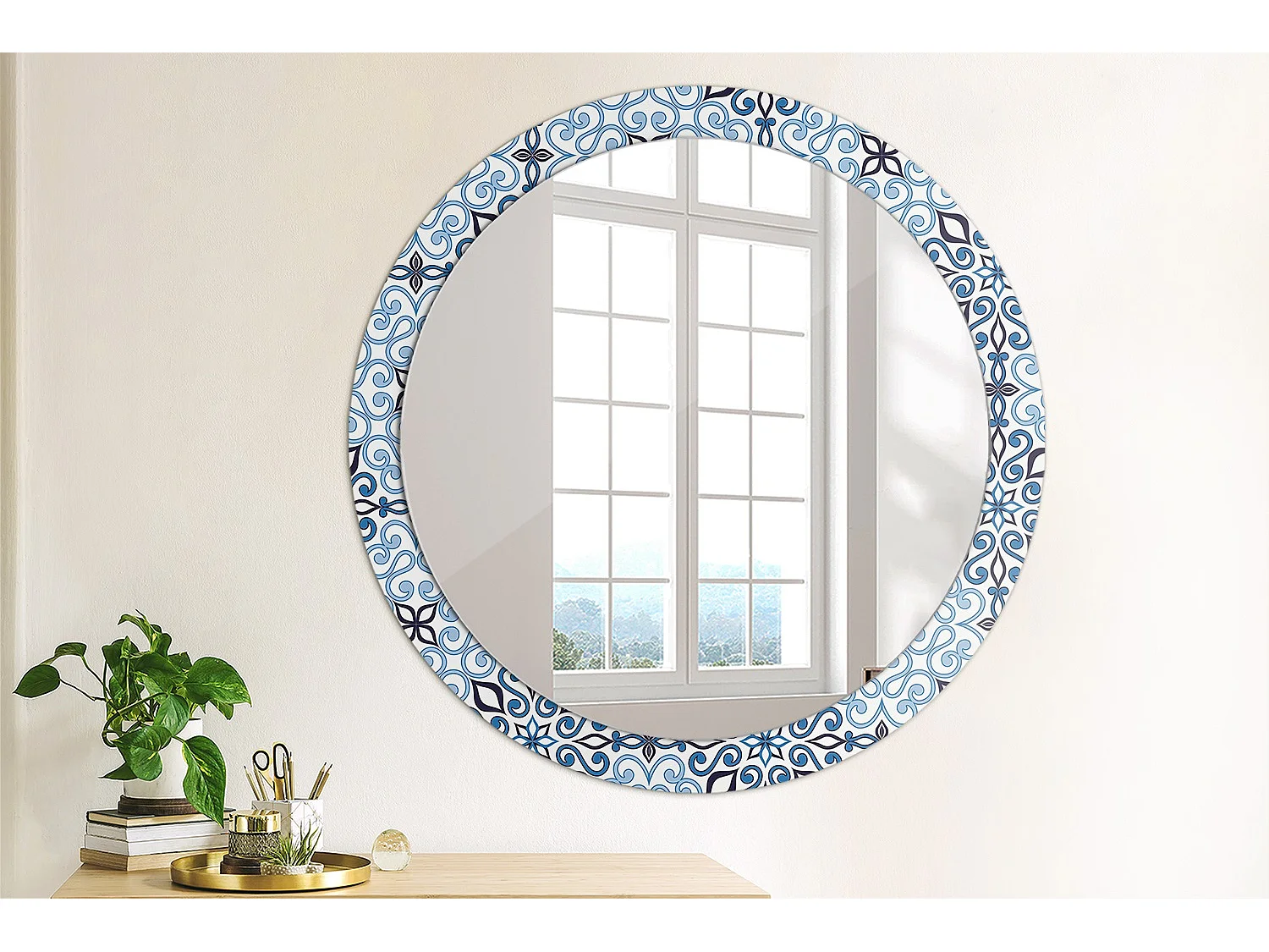 Espejo decorativo redondo - Motivo árabe azul - 90cm