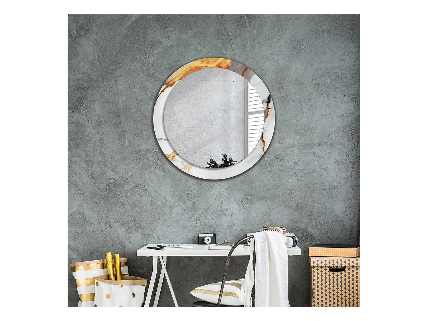 Miroir rond décoratif - Marbre blanc - 80 cm