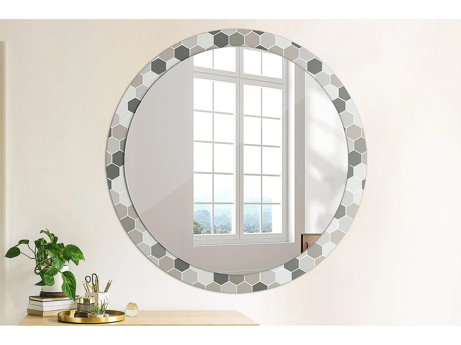 Miroir rond décoratif - Motif hexagonal - 100 cm