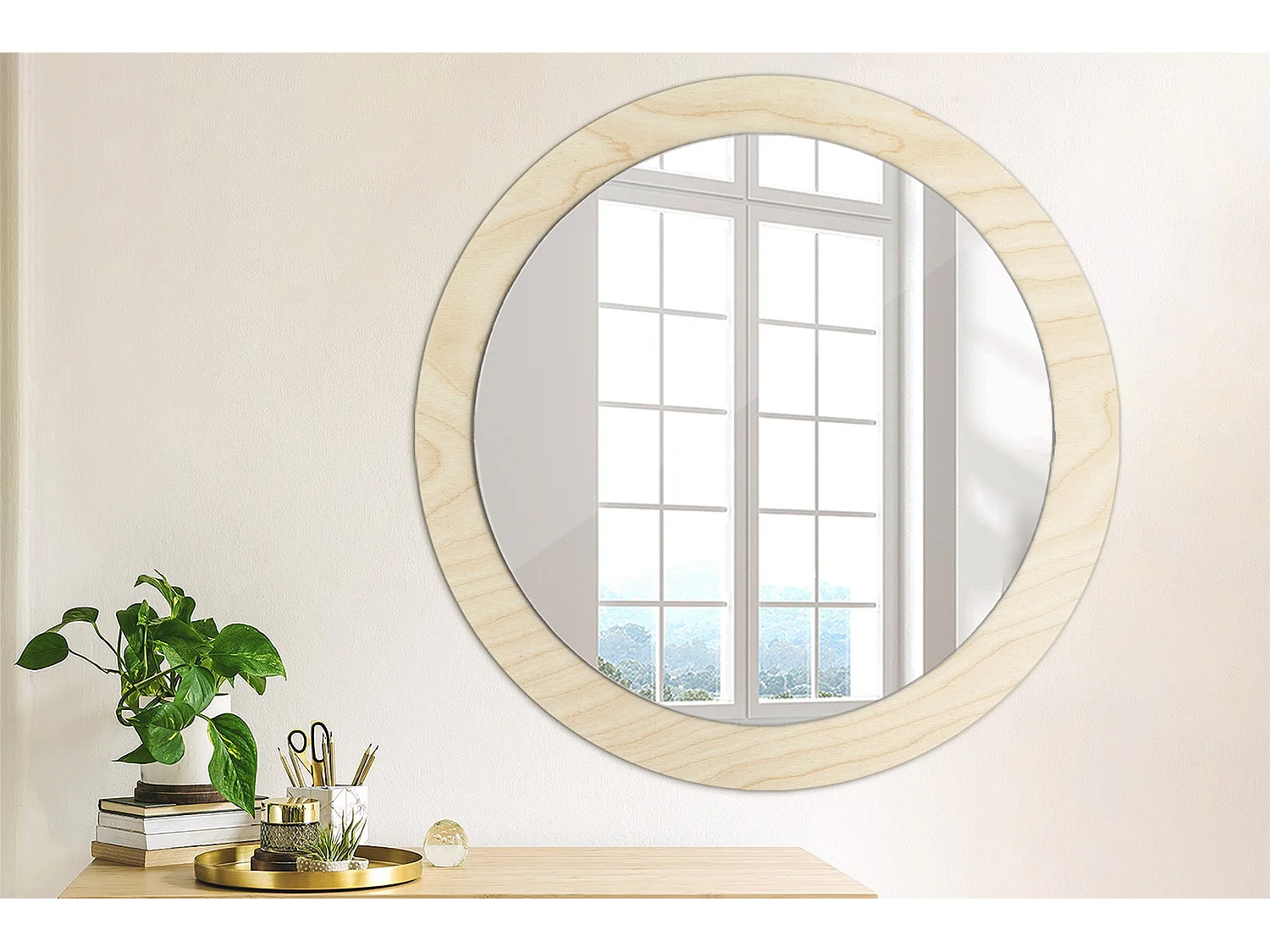 Miroir rond décoratif - Bois clair - 80 cm
