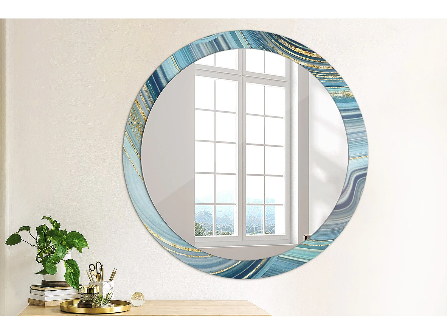 Runder dekorativer Spiegel - Blauer Marmor - 90 cm