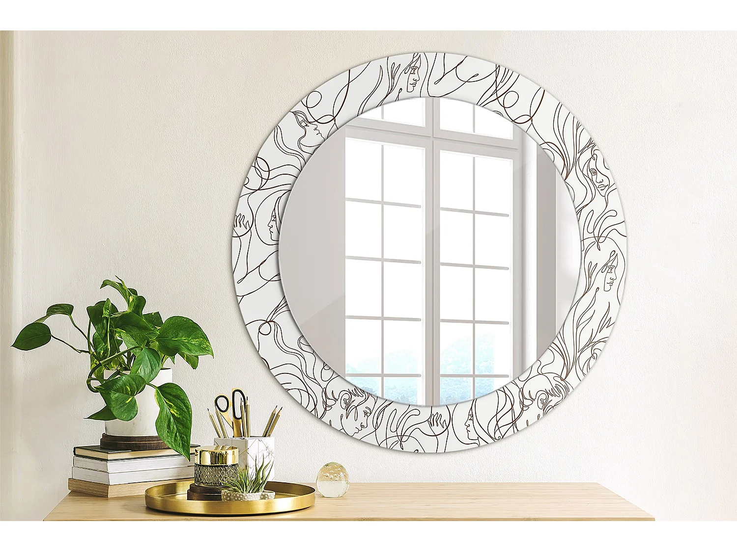 Miroir rond décoratif - Visages faits de lignes - 70 cm