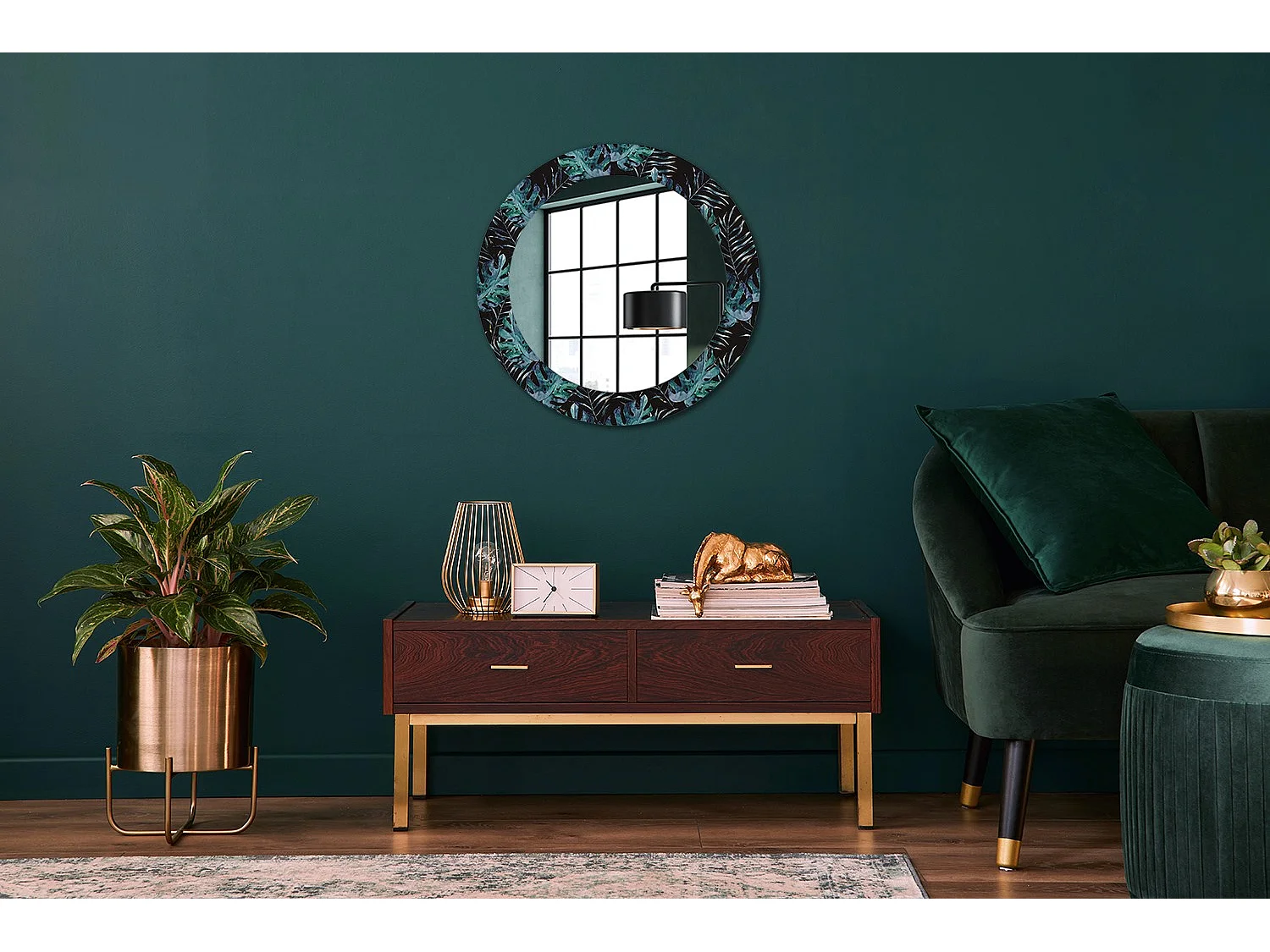 Miroir rond décoratif - Feuilles exotiques - 70 cm