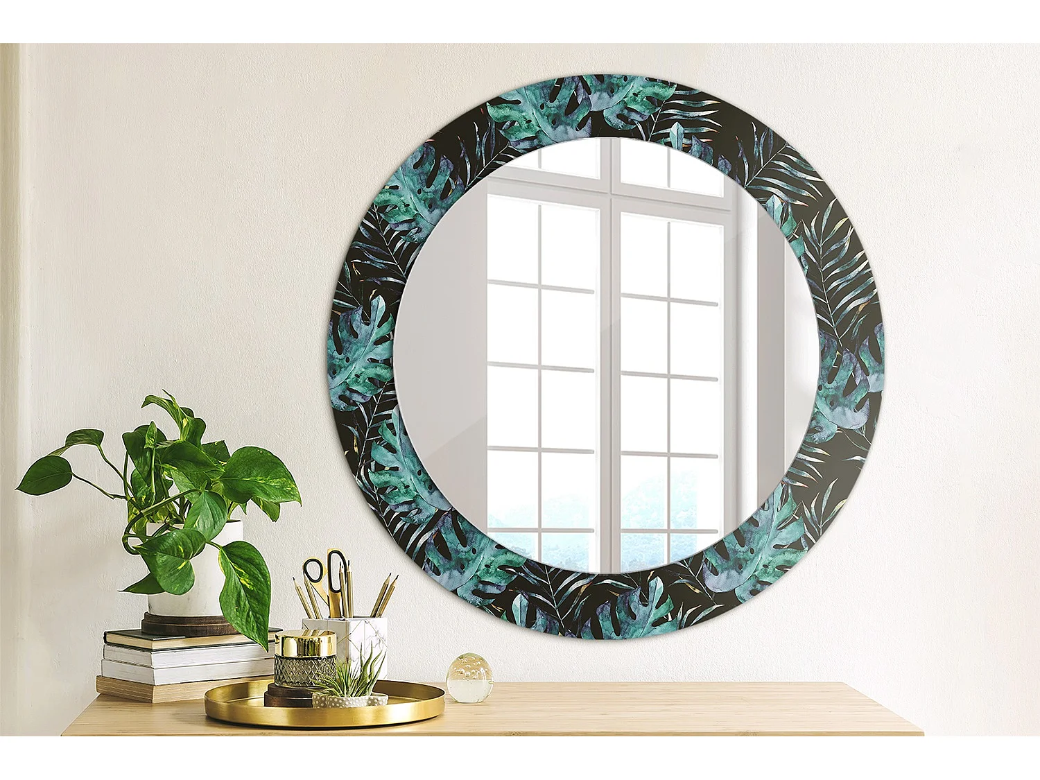 Miroir rond décoratif - Feuilles exotiques - 70 cm