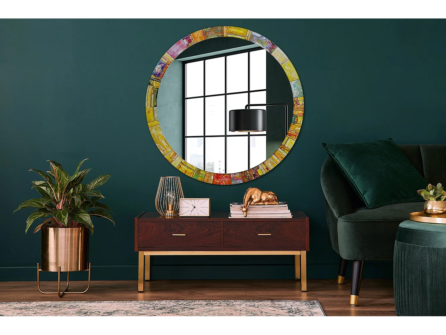 Miroir rond décoratif - Vitrail coloré - 100 cm